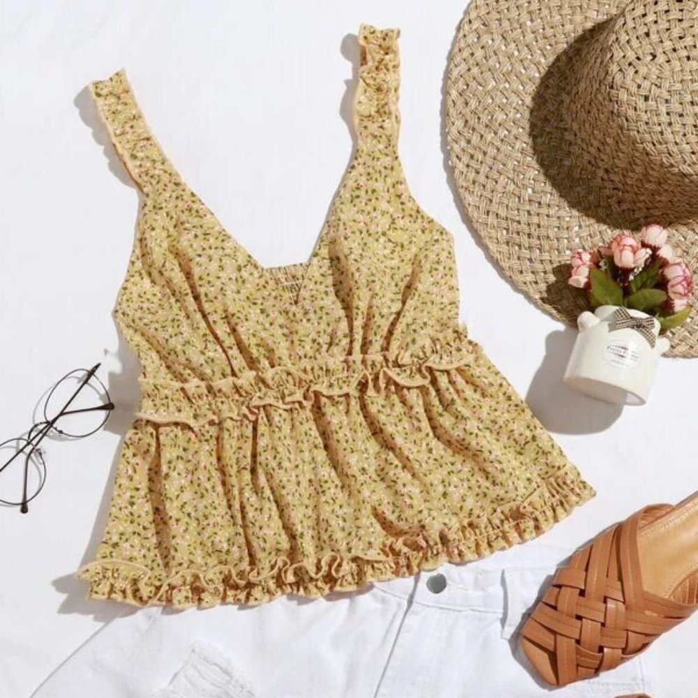 Shirred Back Frill Trim Ditsy Floral Top